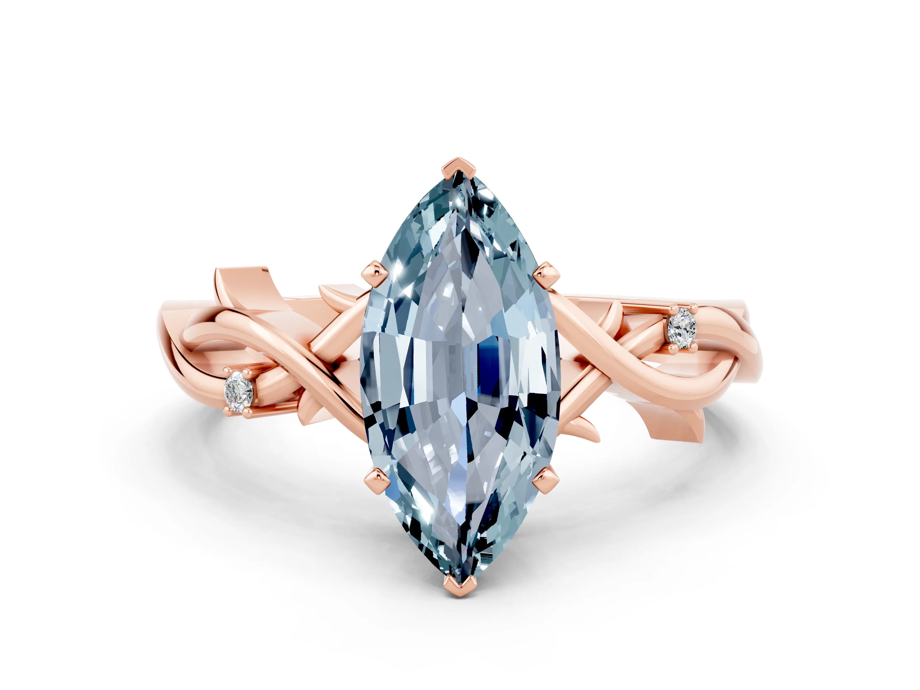 Rose gold Marquise Cut Aquamarine Solitaire Ring with Milgrain Pavé Band and Four-Prong Setting_12