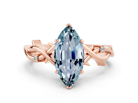 Rose gold Marquise Cut Aquamarine Solitaire Ring with Milgrain Pavé Band and Four-Prong Setting_12