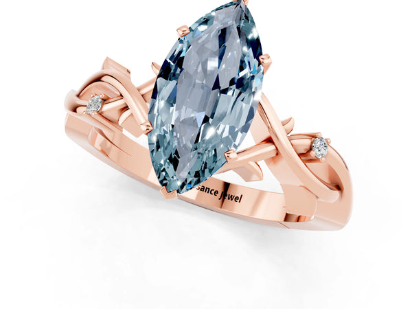 Rose gold Marquise Cut Aquamarine Solitaire Ring with Milgrain Pavé Band and Four-Prong Setting
