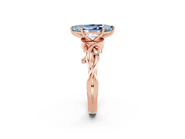 Rose gold Marquise Cut Aquamarine Solitaire Ring with Milgrain Pavé Band and Four-Prong Setting