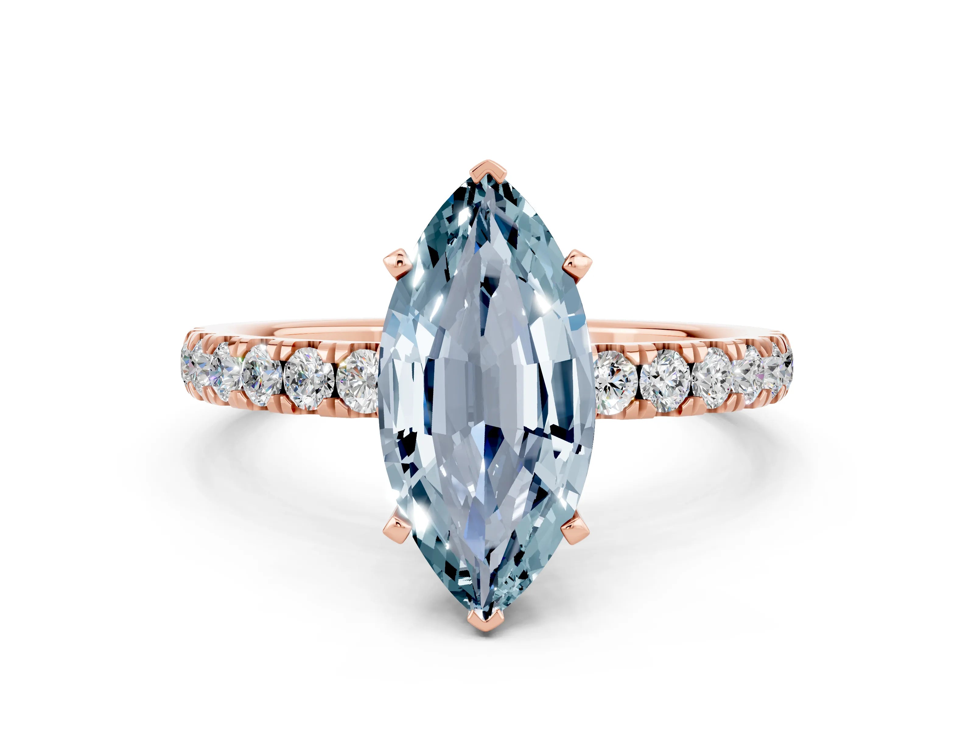 Rose gold Marquise Cut Aquamarine Solitaire Ring with Pavé Accents and Four-Prong Setting