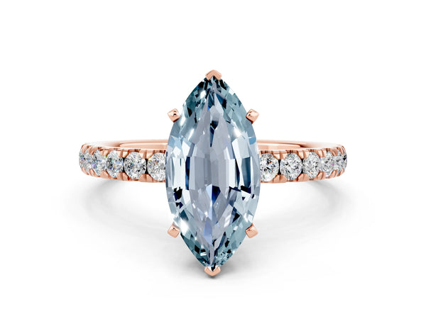 Rose gold Marquise Cut Aquamarine Solitaire Ring with Pavé Accents and Four-Prong Setting
