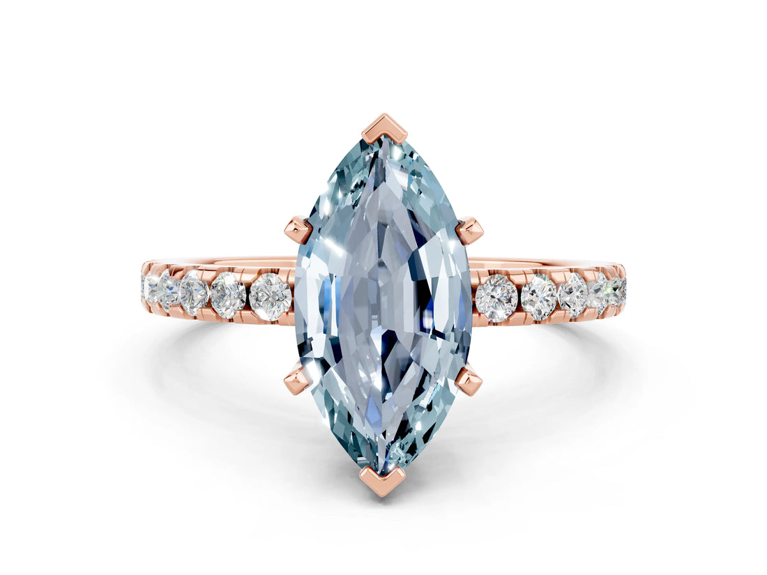 Rose gold Marquise Cut Aquamarine Solitaire Ring with Pavé Band and Four-Prong Setting_24