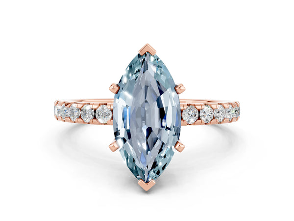 Rose gold Marquise Cut Aquamarine Solitaire Ring with Round  Pavé Band and Four-Prong Setting