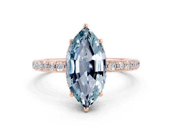 Rose gold Marquise Cut Aquamarine Solitaire Ring with Pavé Band and Hidden Halo