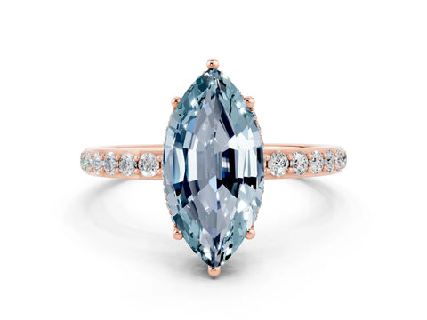 Rose gold Marquise Cut Aquamarine Solitaire Ring with Pavé Band and Hidden Halo_12