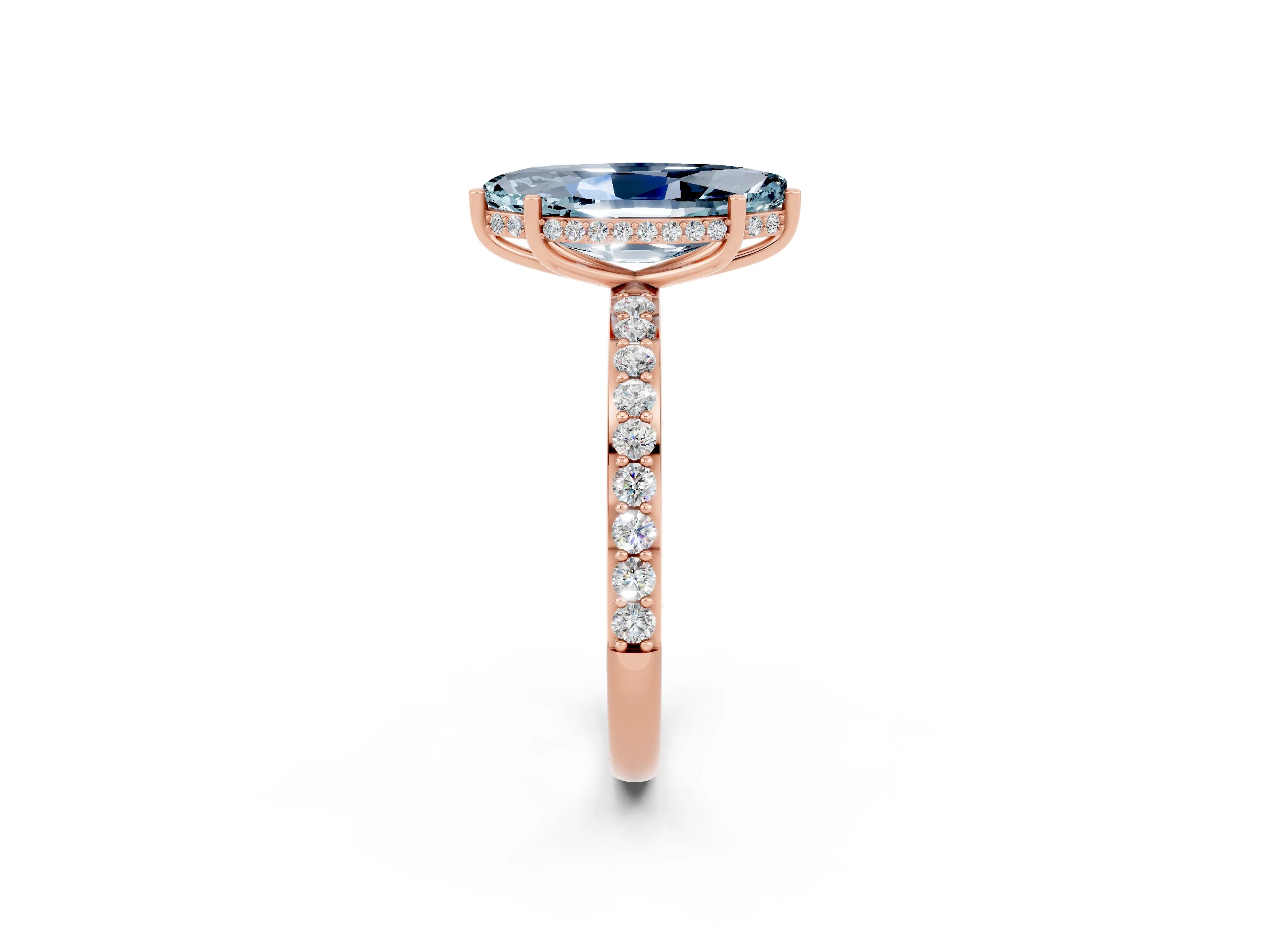 Rose gold Marquise Cut Aquamarine Solitaire Ring with Pavé Band and Hidden Halo_14