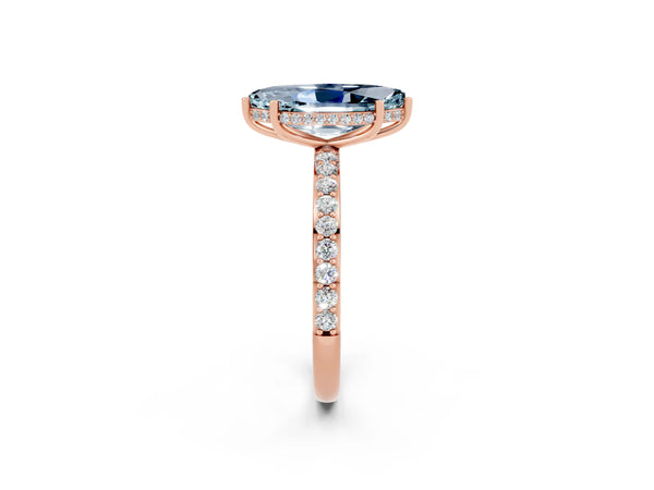 Rose gold Marquise Cut Aquamarine Solitaire Ring with Pavé Band and Hidden Halo