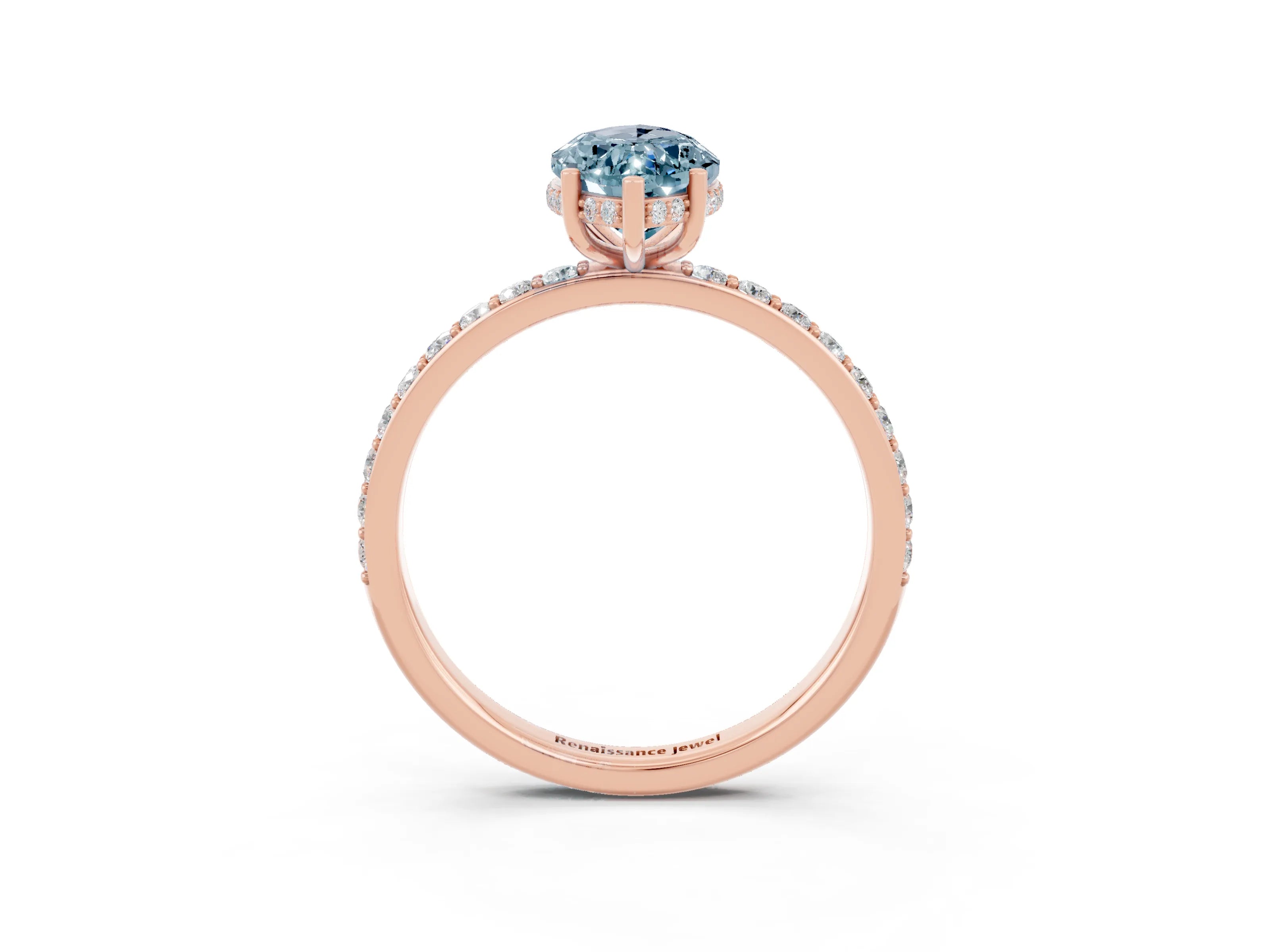 Rose gold Marquise Cut Aquamarine Solitaire Ring with Pavé Band and Hidden Halo_15