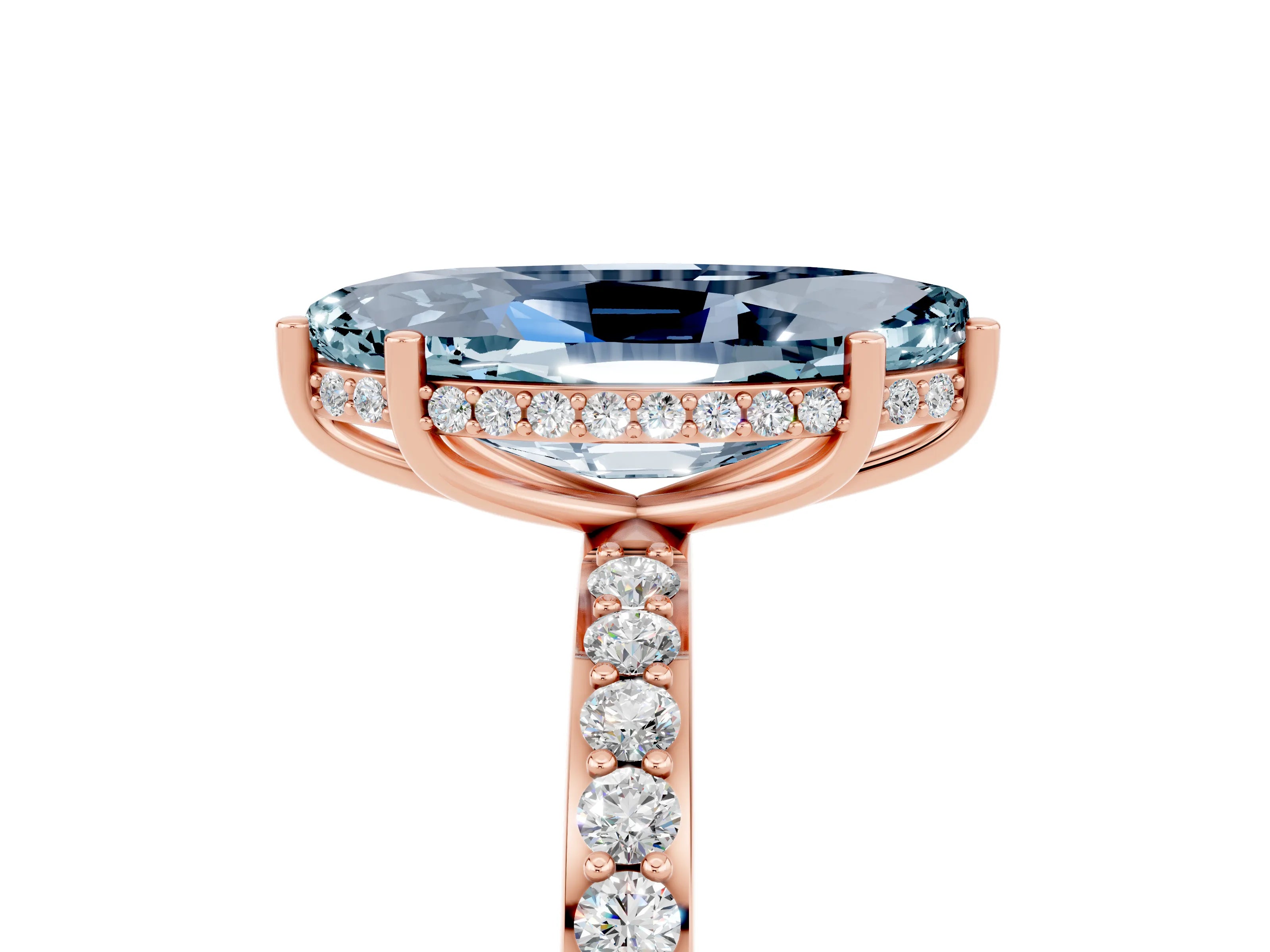 Rose gold Marquise Cut Aquamarine Solitaire Ring with Pavé Band and Hidden Halo_17