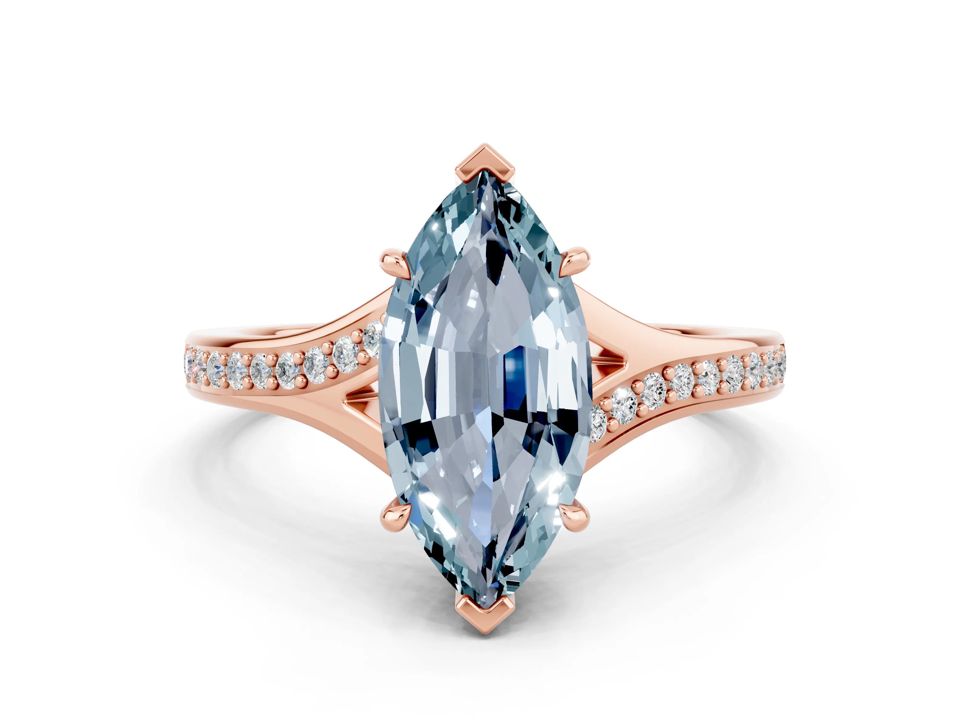 Rose gold Marquise Cut Aquamarine Solitaire Ring with Pavé Band and Prong Setting