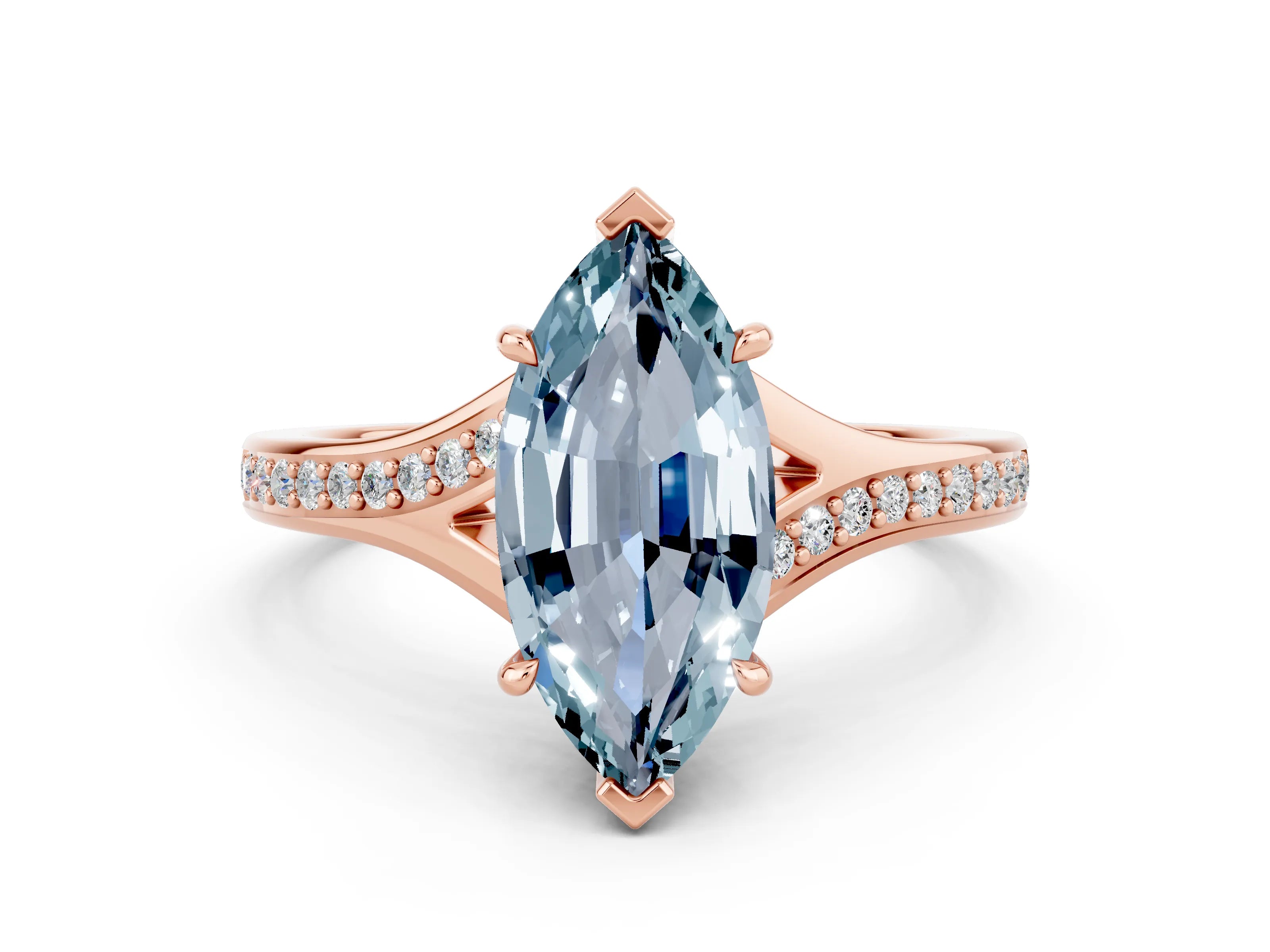 Rose gold Marquise Cut Aquamarine Solitaire Ring with Pavé Band and Prong Setting_12