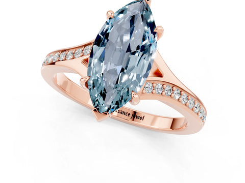 Rose gold Marquise Cut Aquamarine Solitaire Ring with Pavé Band and Prong Setting_13