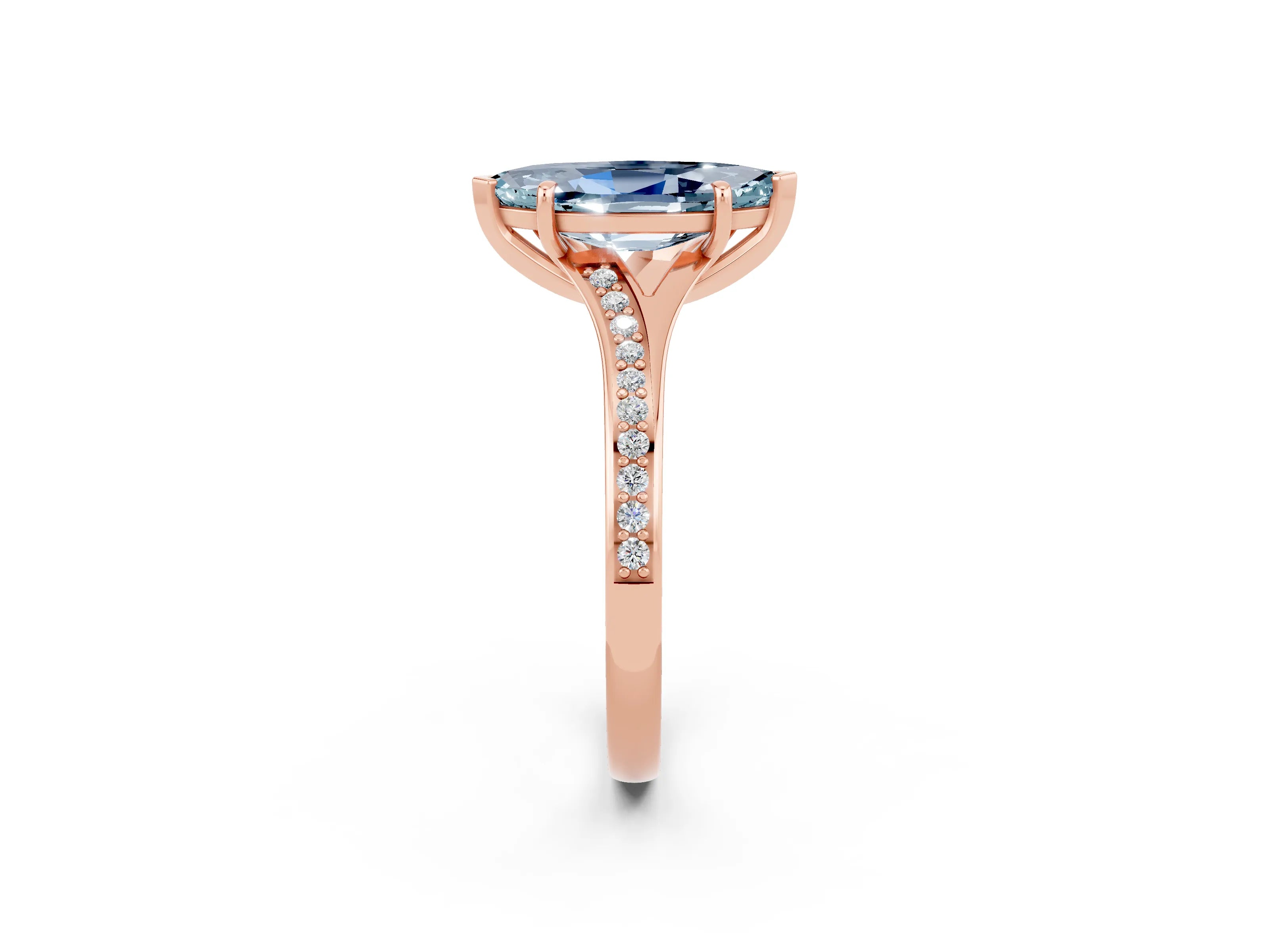 Rose gold Marquise Cut Aquamarine Solitaire Ring with Pavé Band and Prong Setting_14