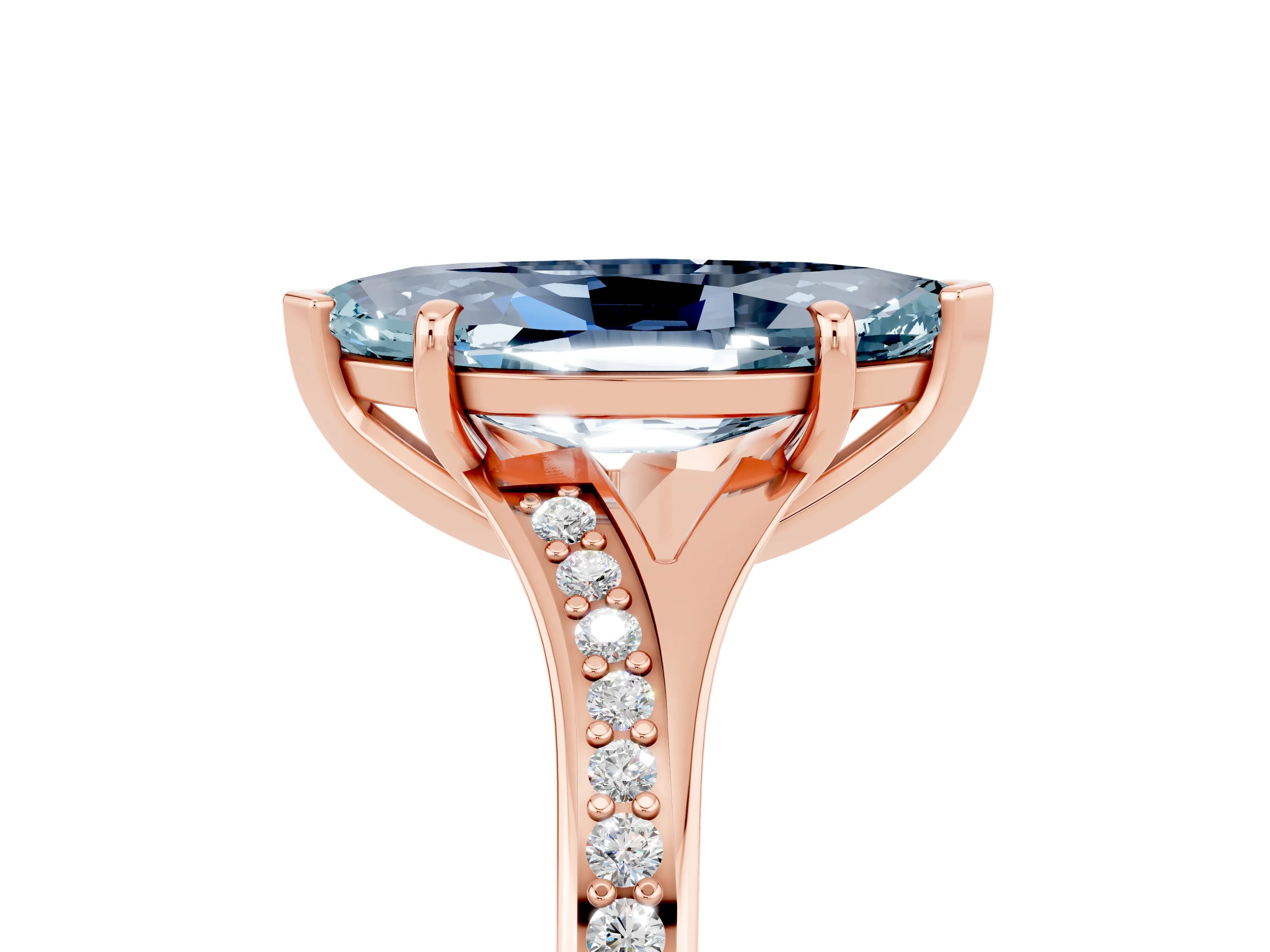 Rose gold Marquise Cut Aquamarine Solitaire Ring with Pavé Band and Prong Setting_17