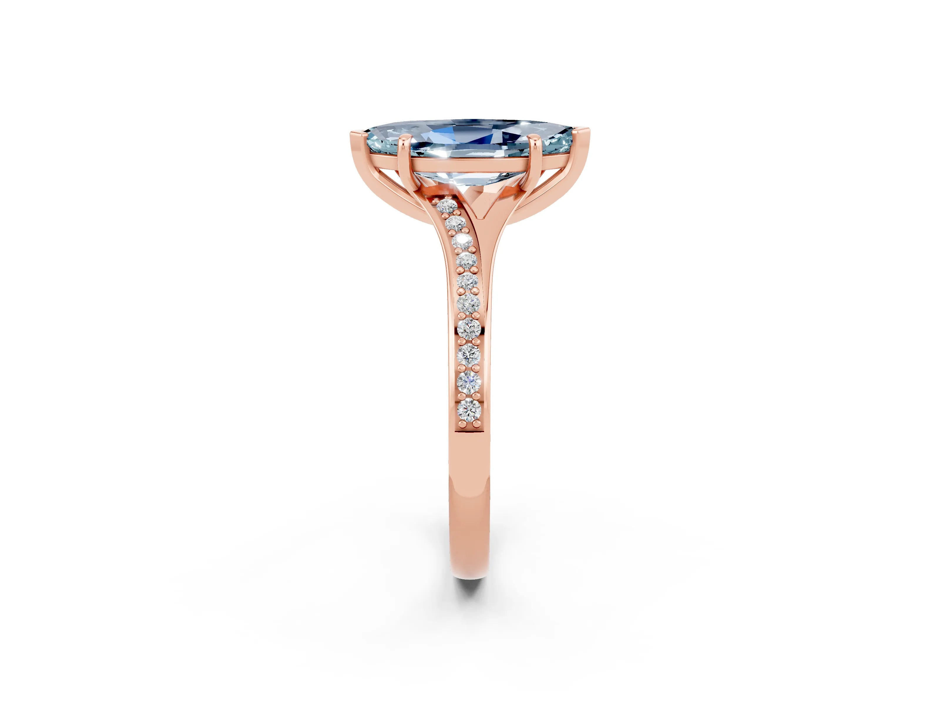 Rose gold Marquise Cut Aquamarine Solitaire Ring with Pavé Band and Prong Setting_2