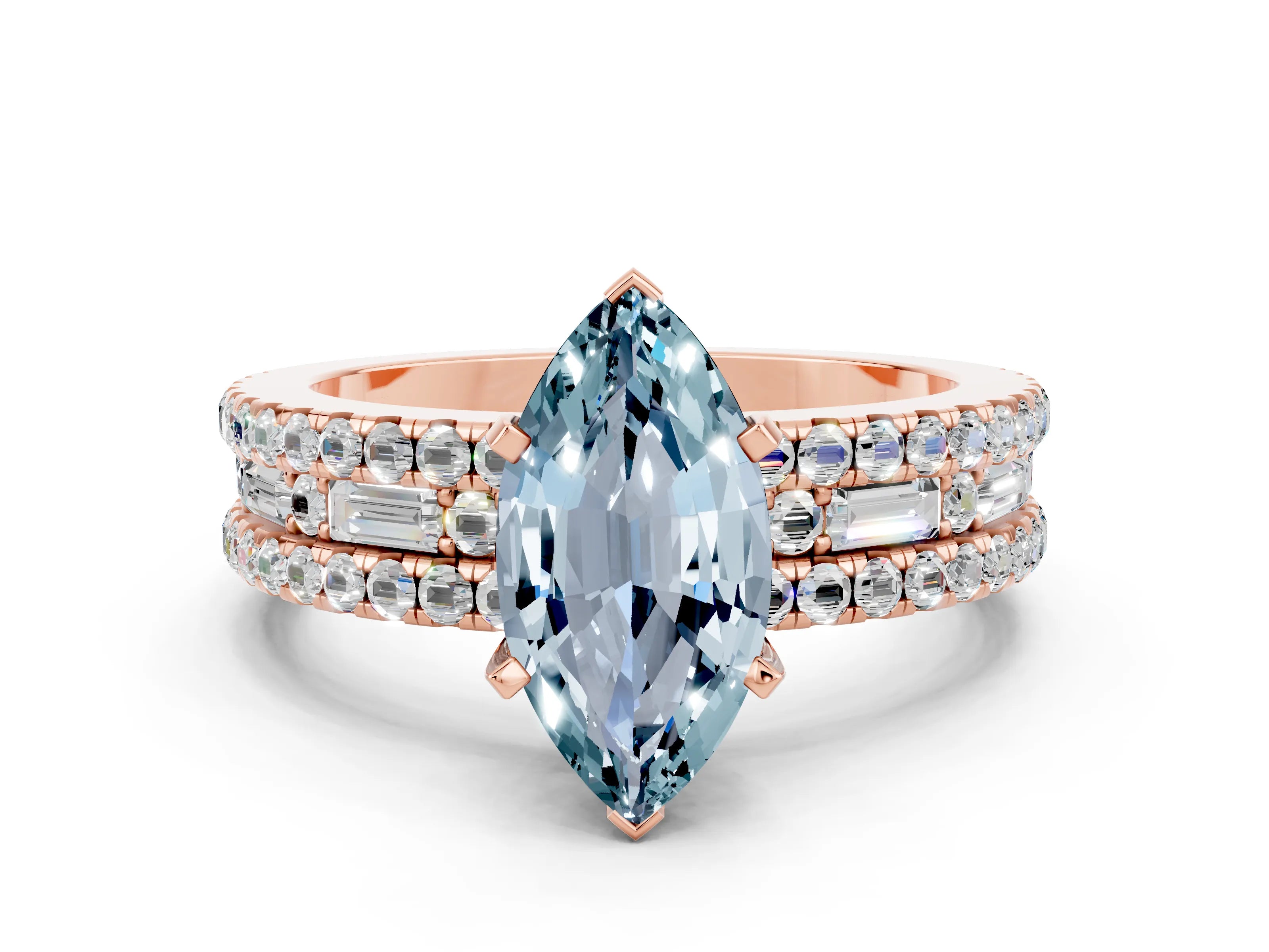 Rose gold Marquise Cut Aquamarine Solitaire Ring with Pavé and Channel Set Band