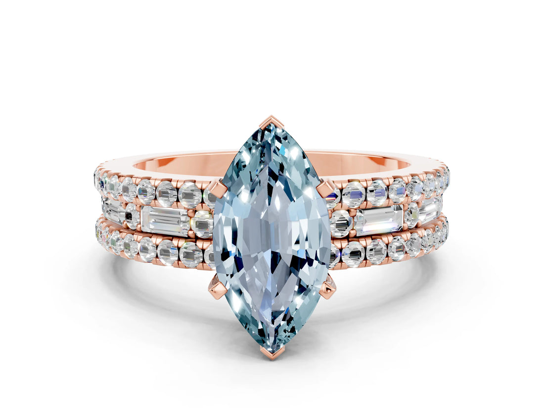 Rose gold Marquise Cut Aquamarine Solitaire Ring with Pavé and Channel Set Band