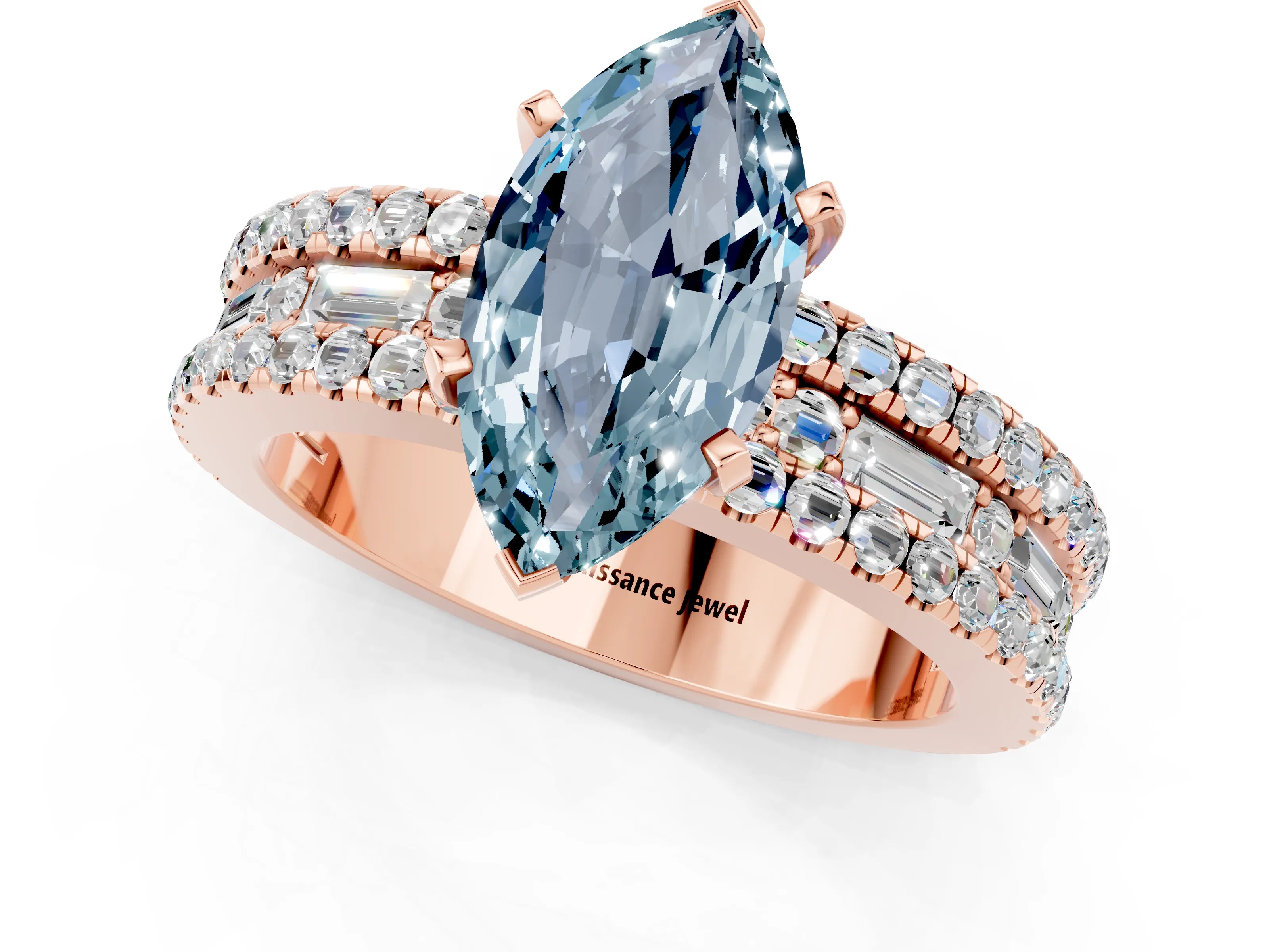 Rose gold Marquise Cut Aquamarine Solitaire Ring with Pavé and Channel Set Band_1