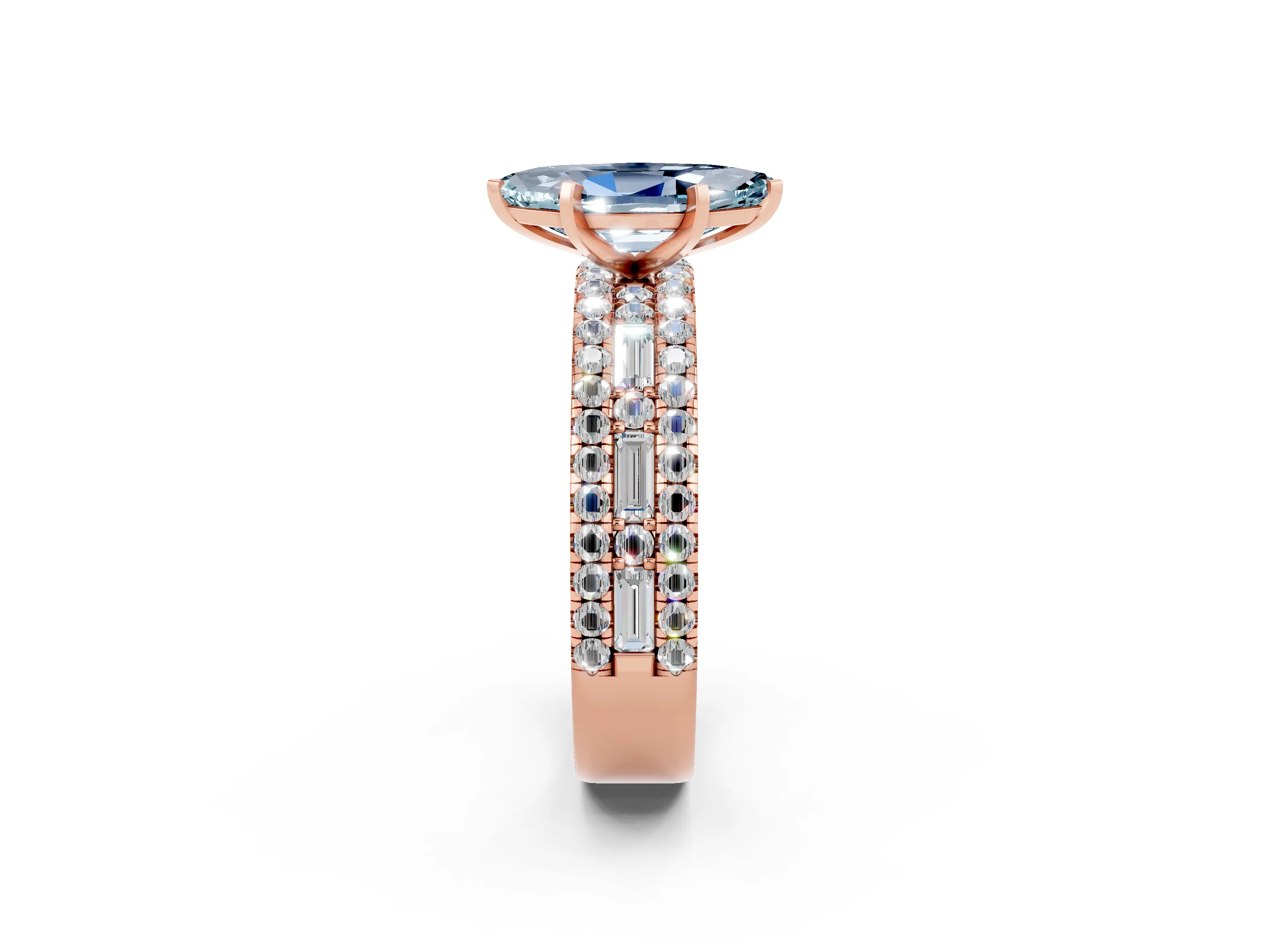 Rose gold Marquise Cut Aquamarine Solitaire Ring with Pavé and Channel Set Band_2