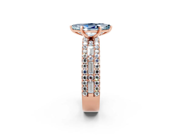 Rose gold Marquise Cut Aquamarine Solitaire Ring with Pavé and Channel Set Band