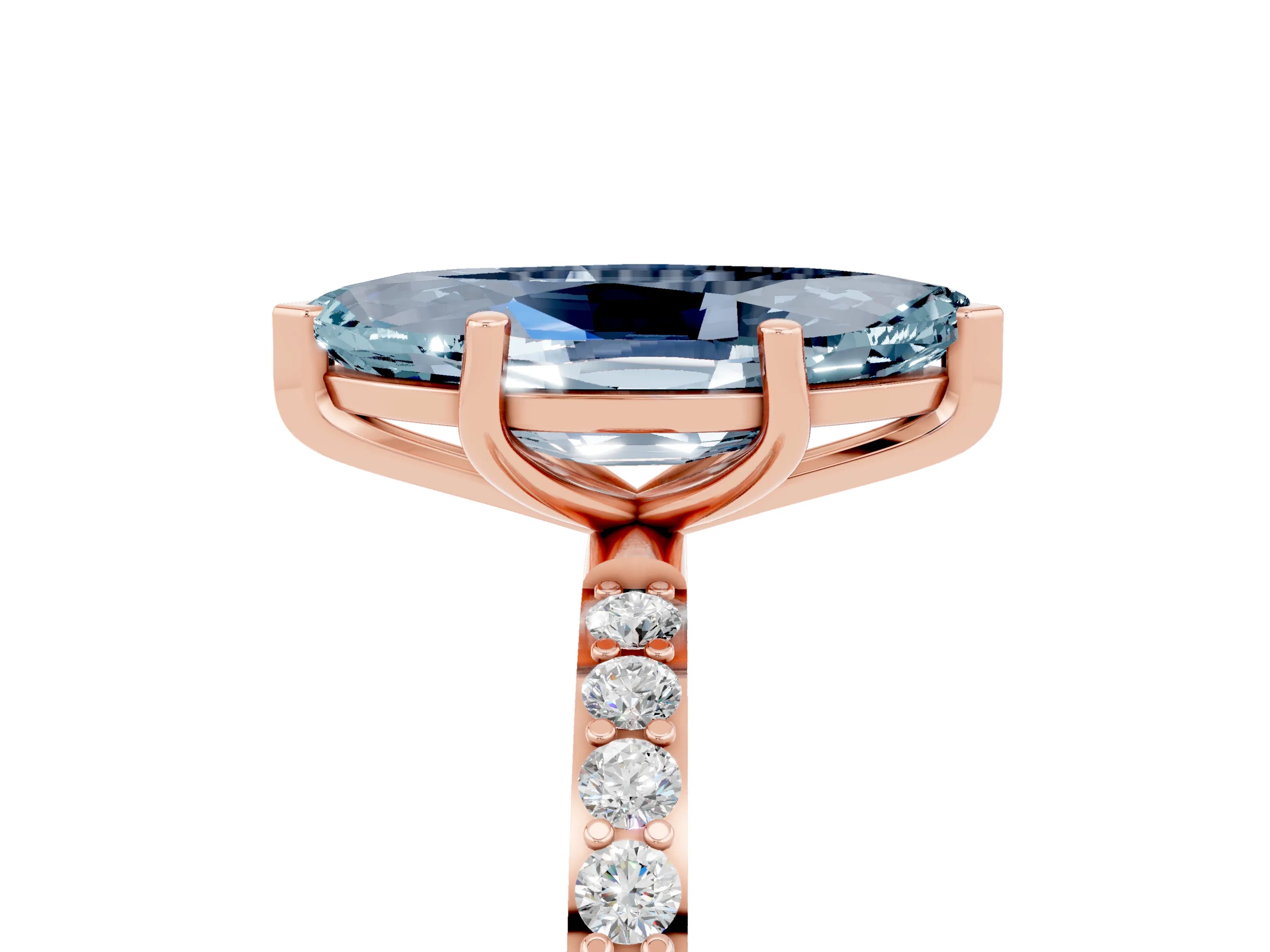 Rose gold Marquise Cut Aquamarine Solitaire Ring with Pave Band and Four Prong Setting_24