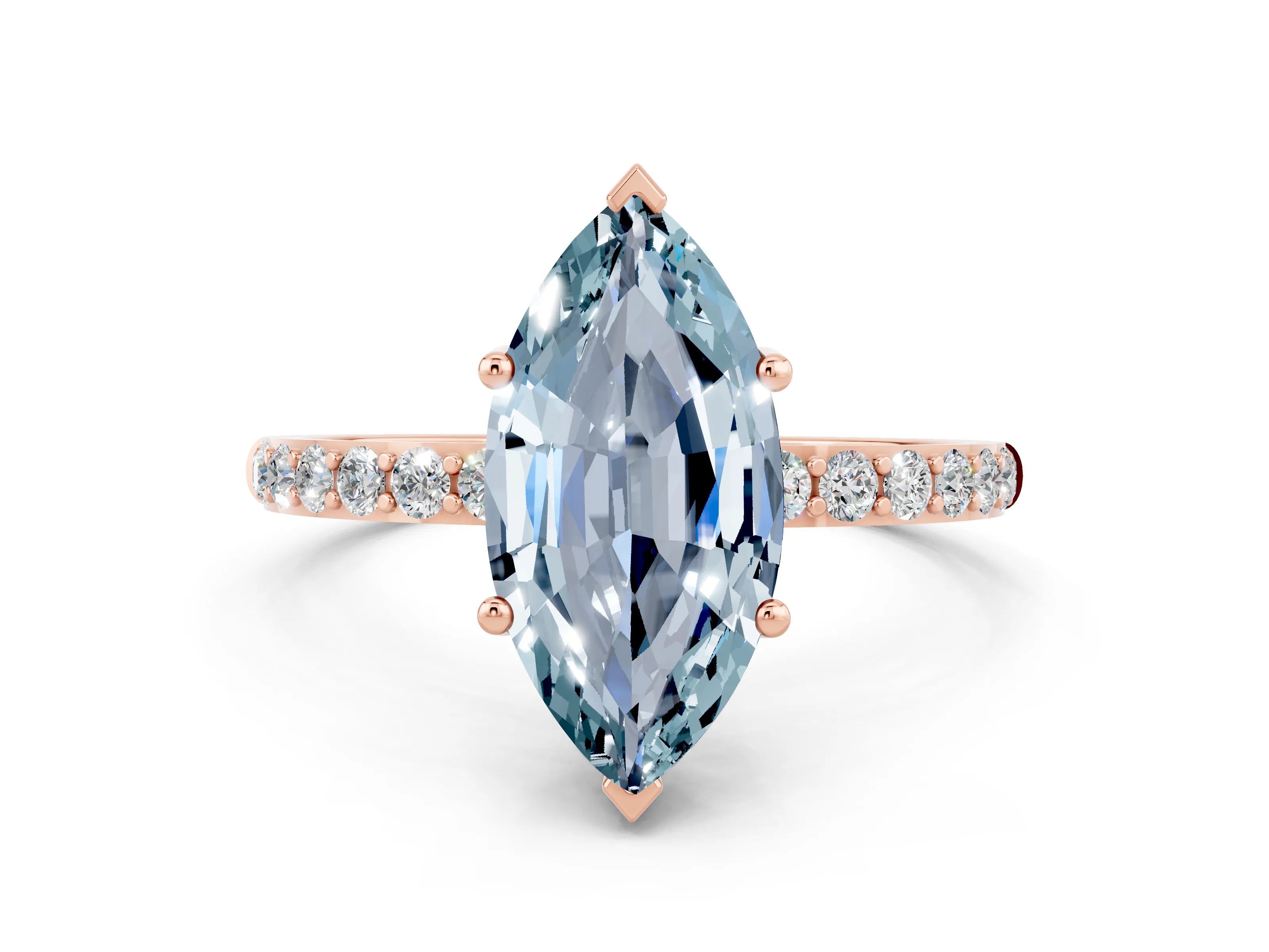 Rose gold Marquise Cut Aquamarine Solitaire Ring with Pave Band and Four Prong Setting_31
