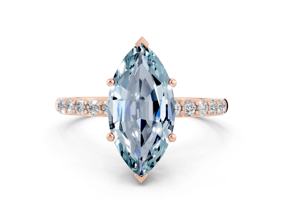 Rose gold Marquise Cut Aquamarine Solitaire Ring with Pave Band and Four Prong Setting_31