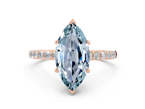 Rose gold Marquise Cut Aquamarine Solitaire Ring with Round  Pavé Band and Prong Setting
