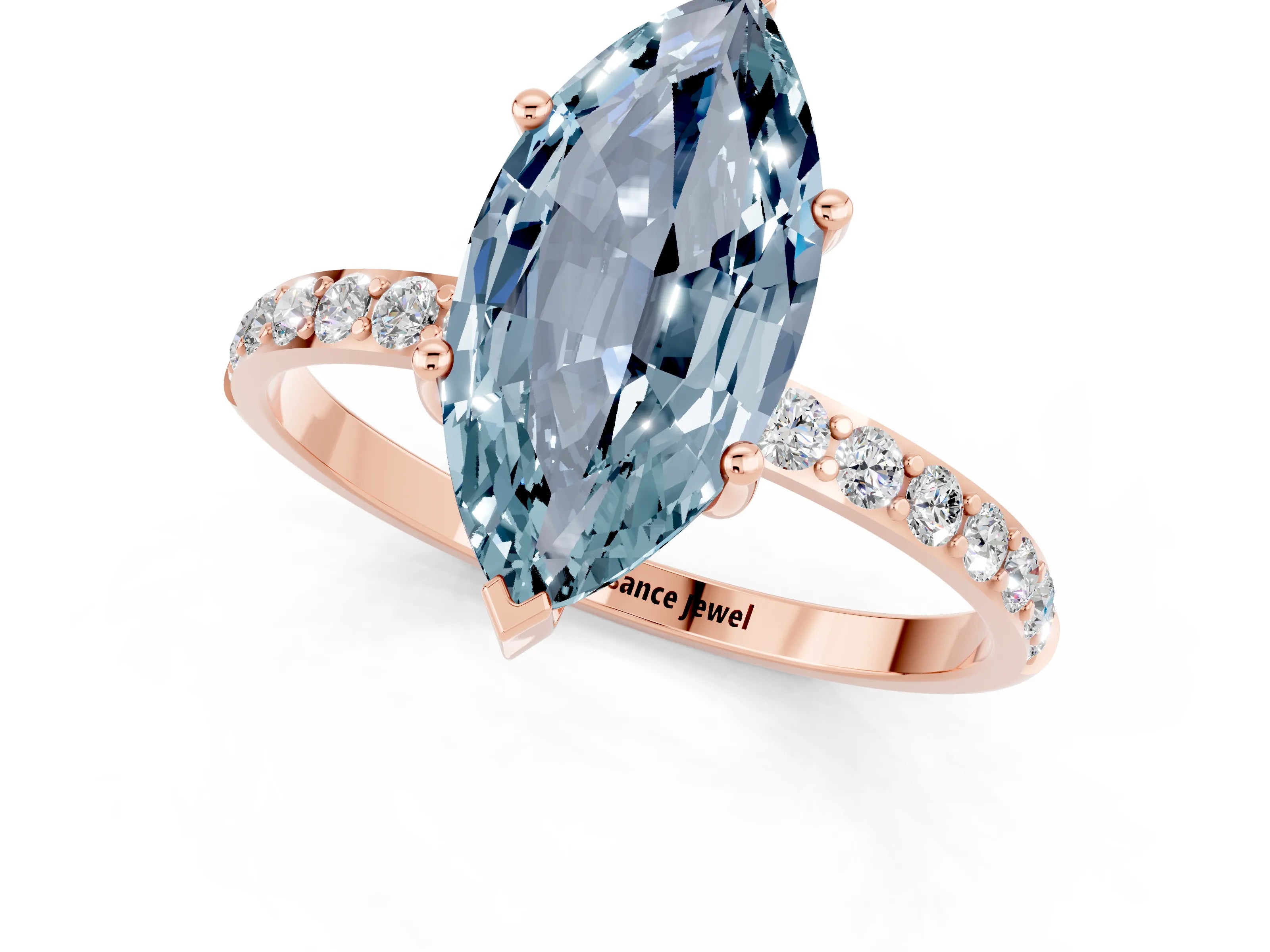 Rose gold Marquise Cut Aquamarine Solitaire Ring with Pave Band and Four Prong Setting_32