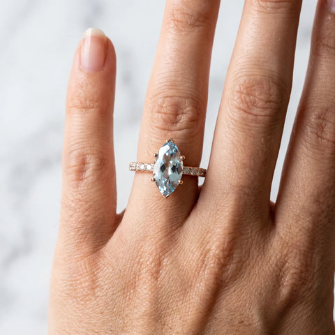 Rose gold Marquise Cut Aquamarine Solitaire Ring with Round  Pavé Band and Four-Prong Setting_42