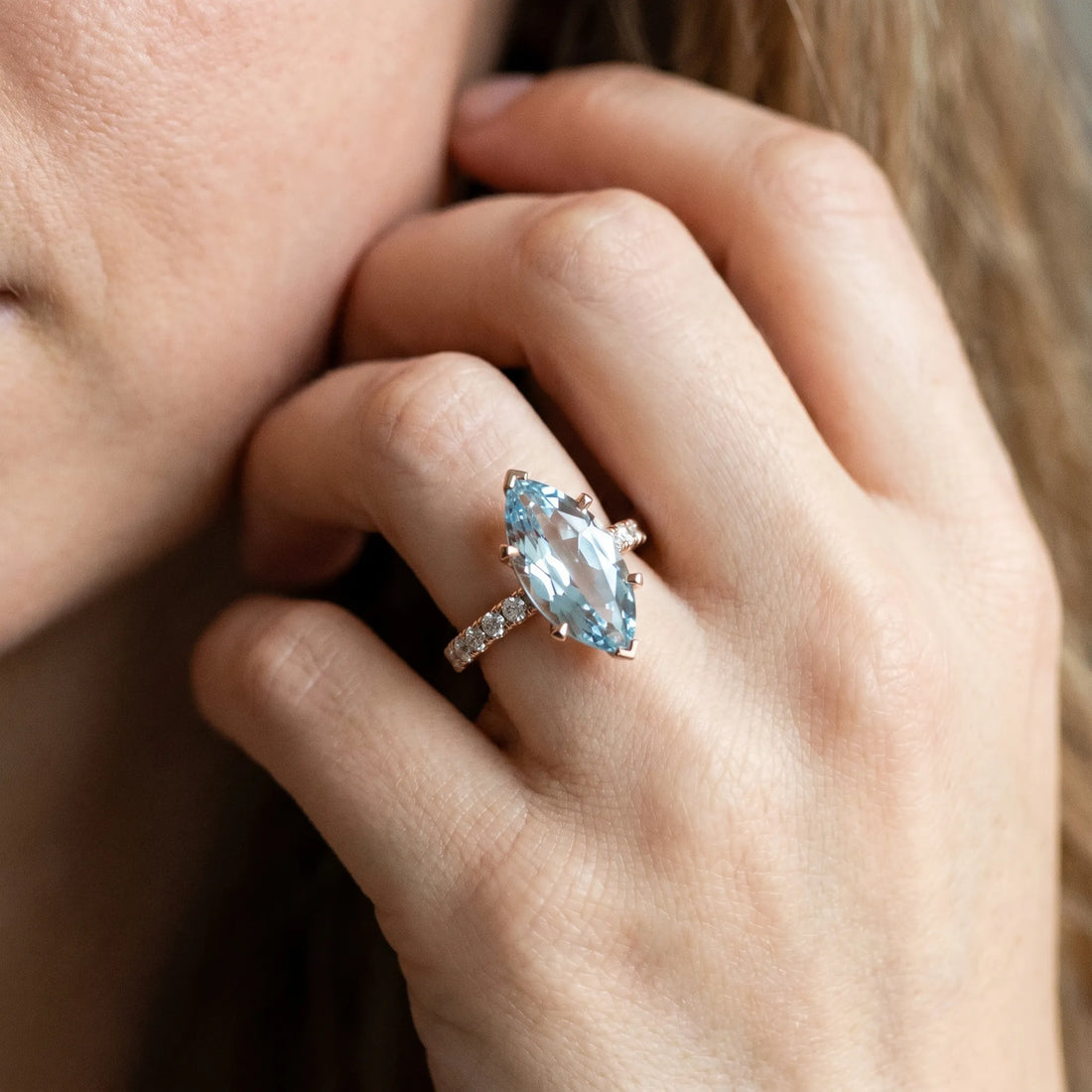 Rose gold Marquise Cut Aquamarine Solitaire Ring with Round  Pavé Band and Four-Prong Setting_44