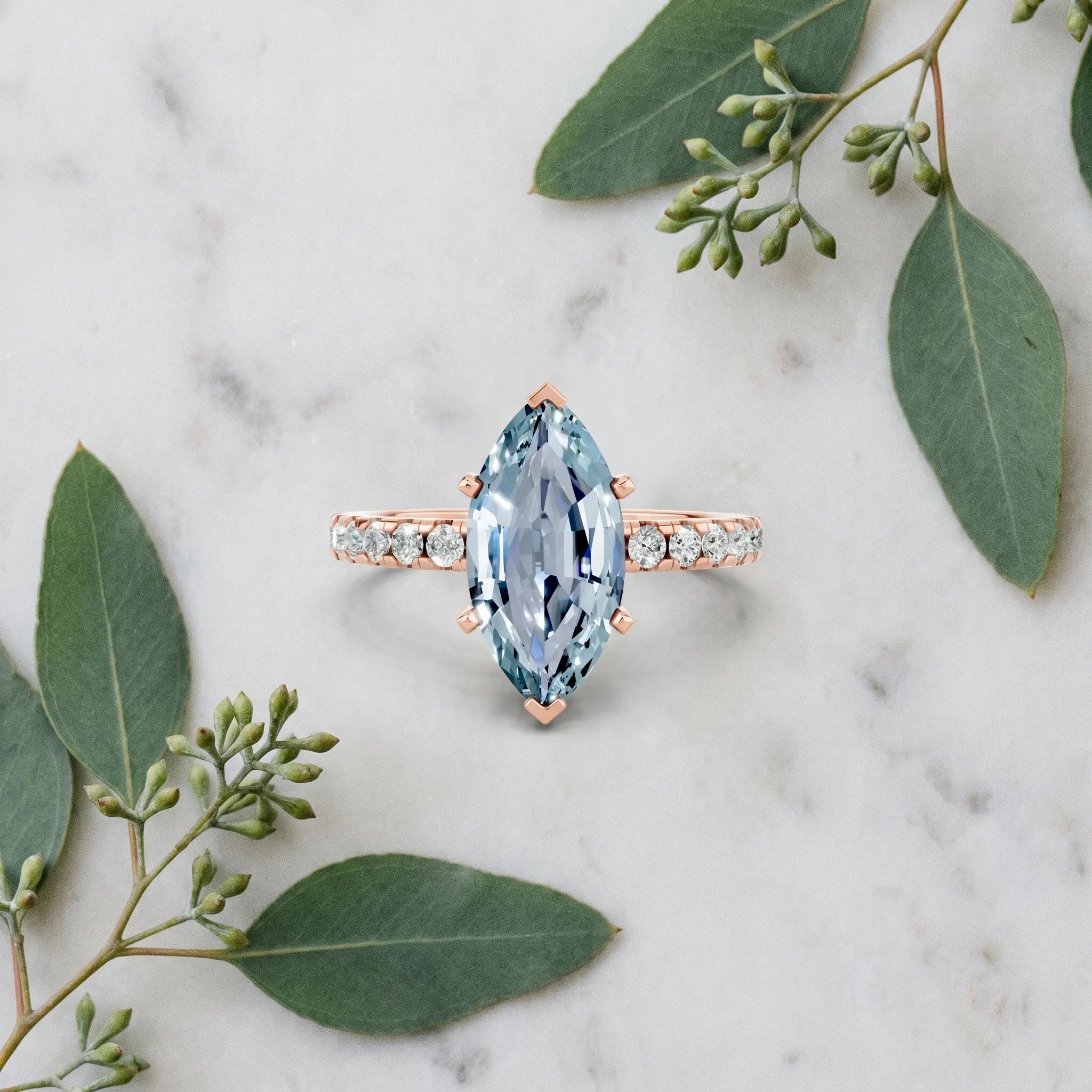 Rose gold Marquise Cut Aquamarine Solitaire Ring with Round  Pavé Band and Four-Prong Setting_45