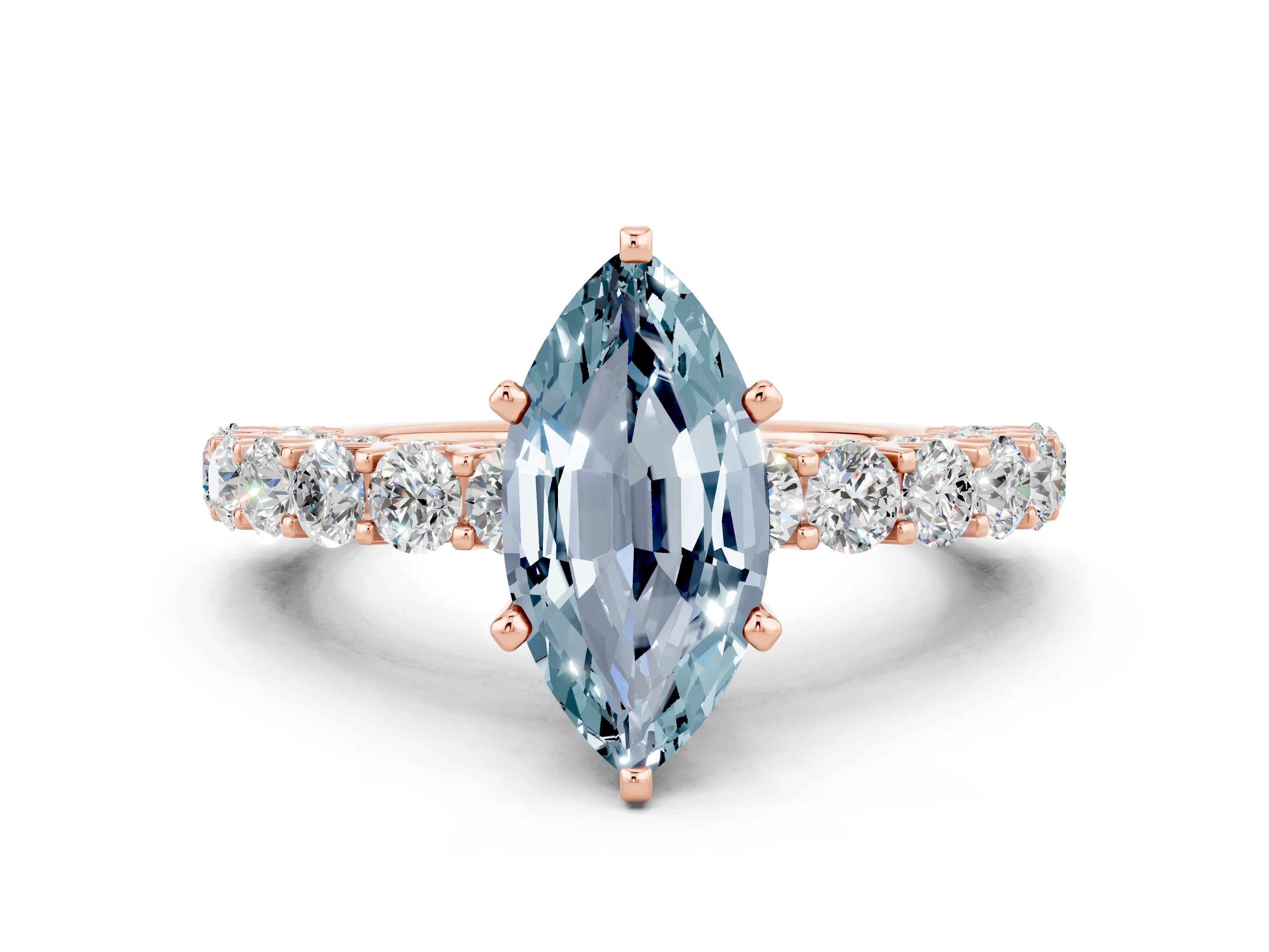 Rose gold Marquise Cut Aquamarine Solitaire Ring with Shared Prong Pavé Band and Four-Prong Setting