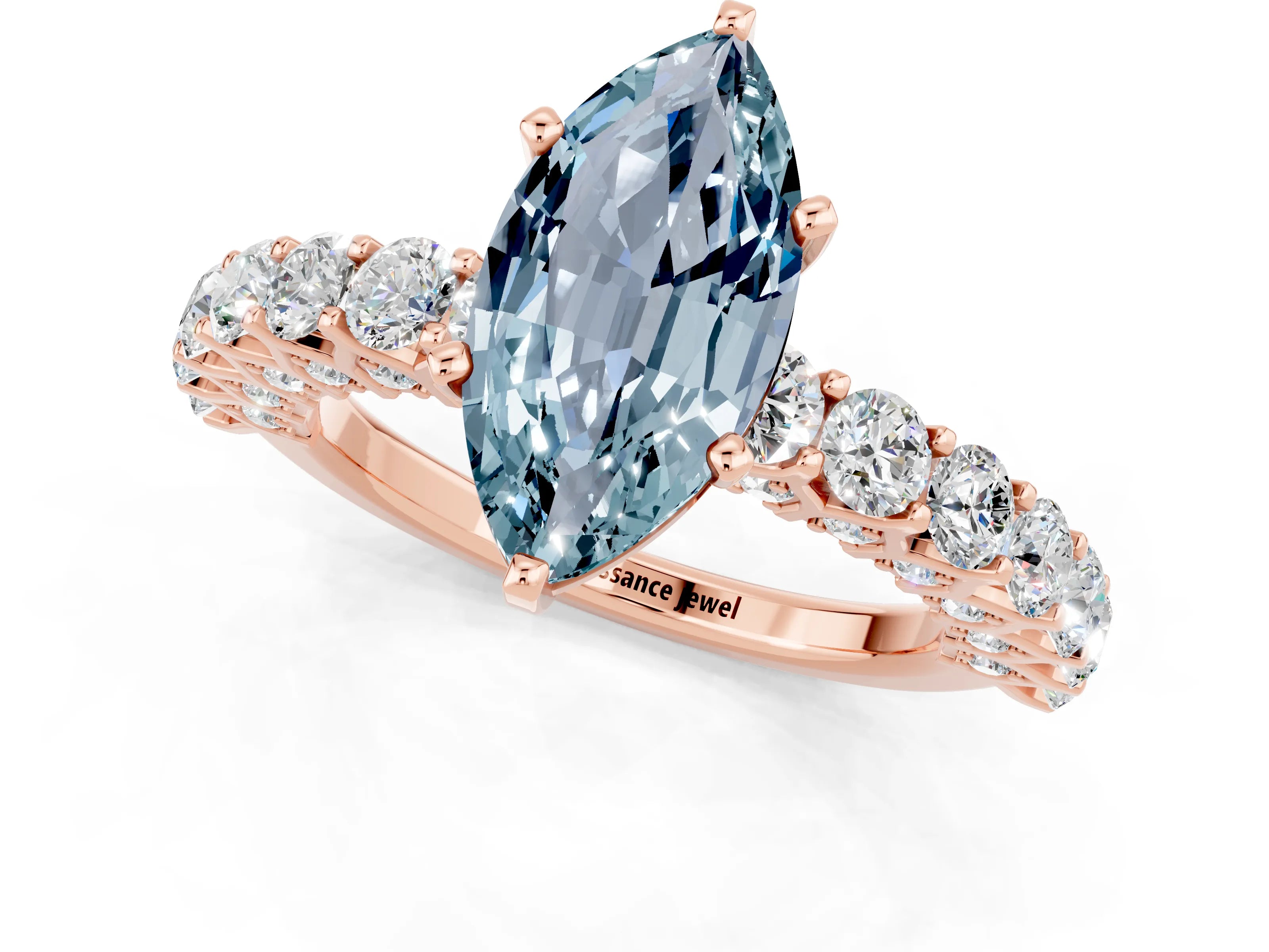 Rose gold Marquise Cut Aquamarine Solitaire Ring with Shared Prong Pavé Band and Four-Prong Setting_1