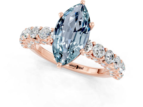 Rose gold Marquise Cut Aquamarine Solitaire Ring with Shared Prong Pavé Band and Four-Prong Setting_1