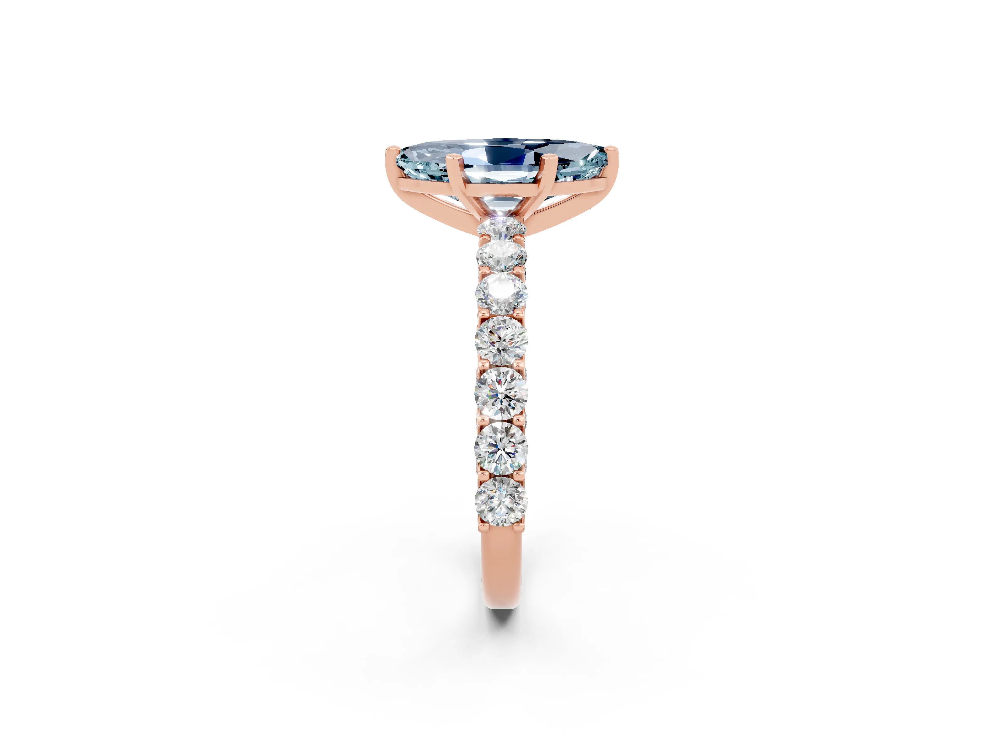 Rose gold Marquise Cut Aquamarine Solitaire Ring with Shared Prong Pavé Band and Four-Prong Setting_2