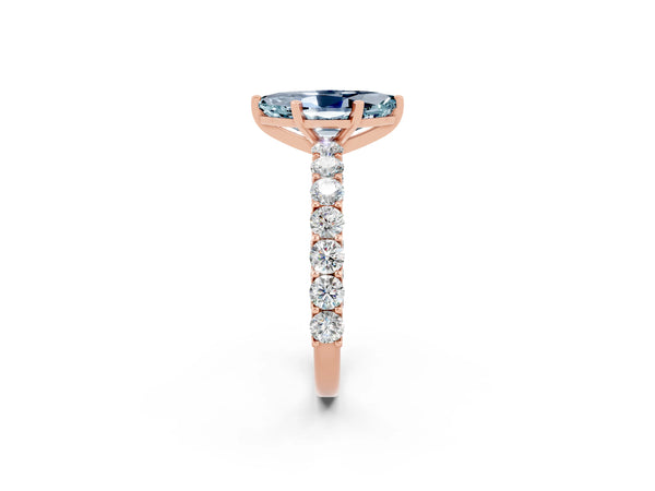 Rose gold Marquise Cut Aquamarine Solitaire Ring with Shared Prong Pavé Band and Four-Prong Setting