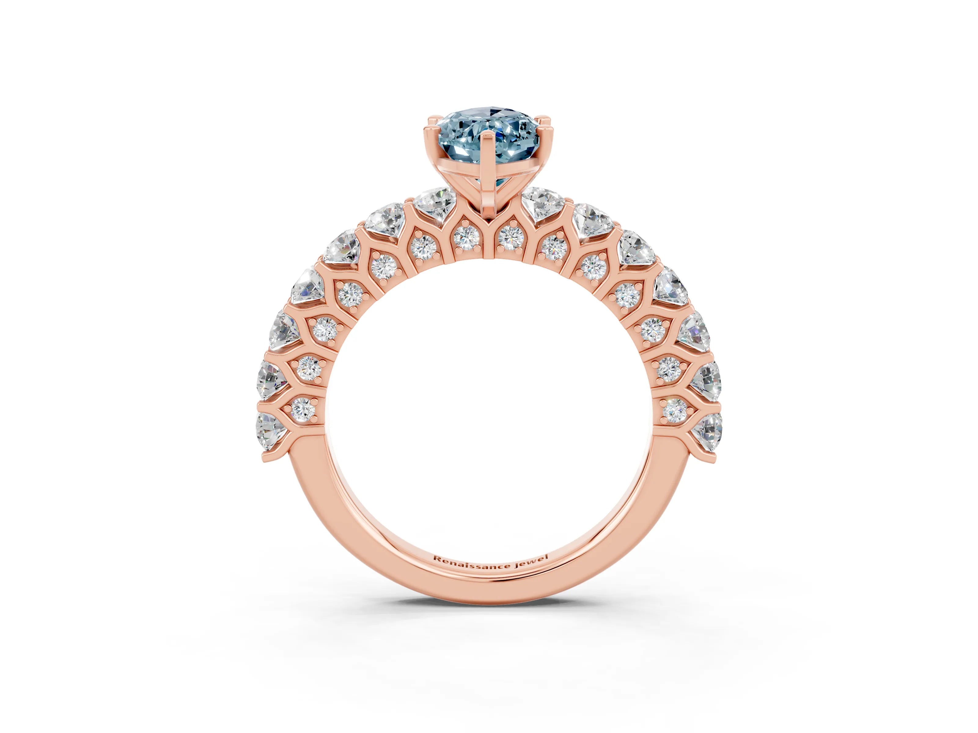Rose gold Marquise Cut Aquamarine Solitaire Ring with Shared Prong Pavé Band and Four-Prong Setting_3