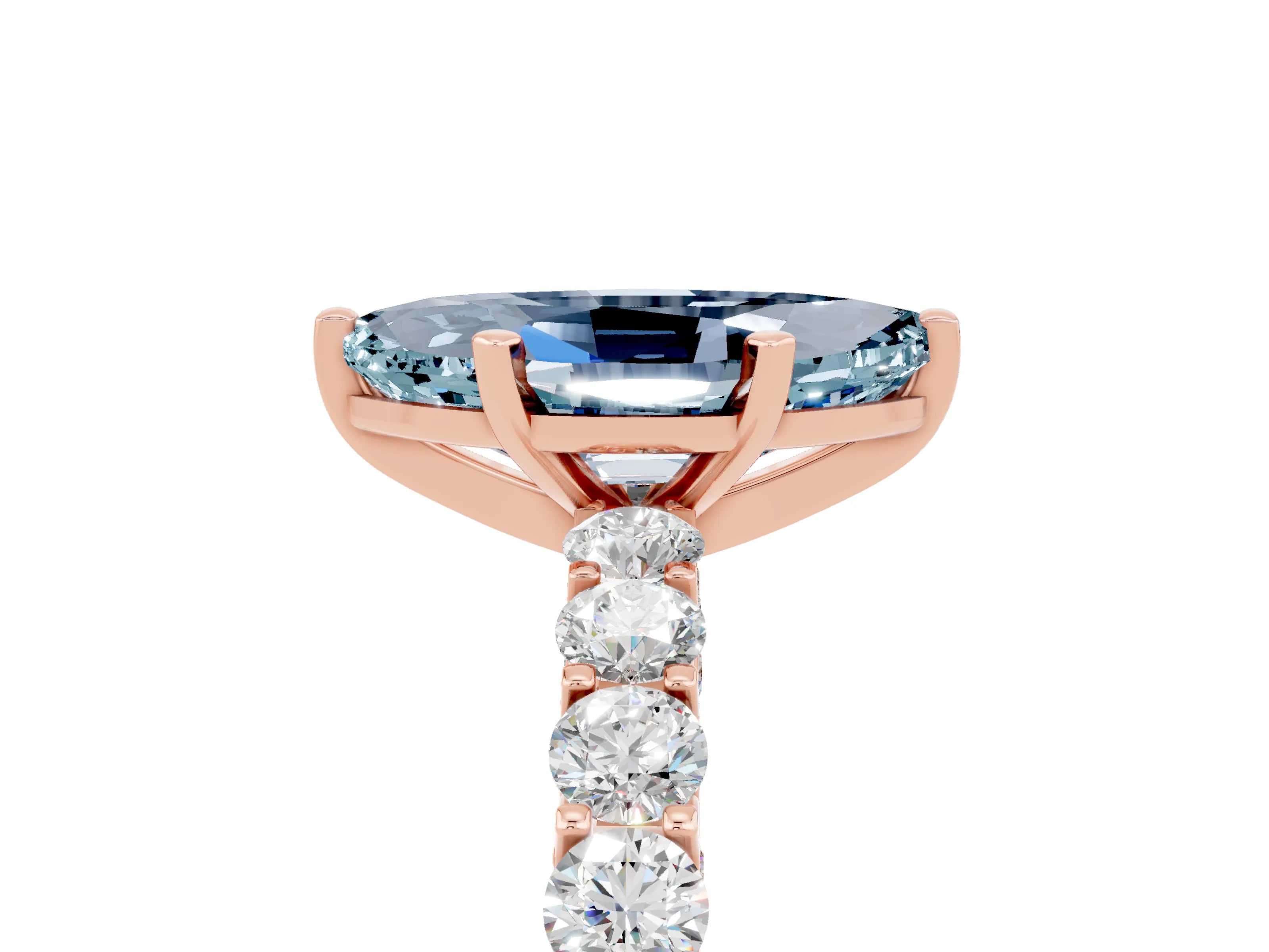 Rose gold Marquise Cut Aquamarine Solitaire Ring with Shared Prong Pavé Band and Four-Prong Setting_5