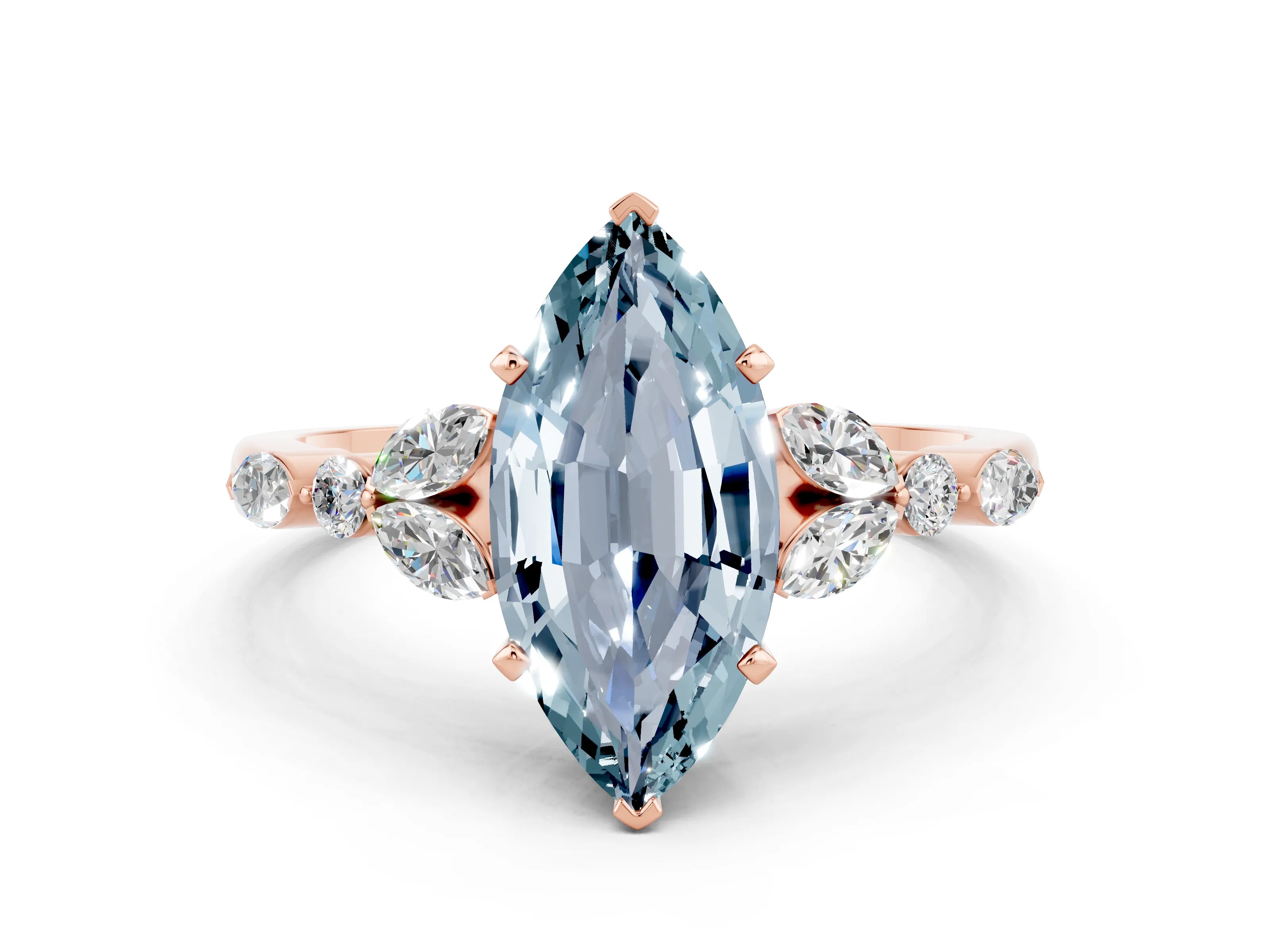 Rose gold Marquise Cut Aquamarine Solitaire Ring with Side Stones and Four-Prong Setting_12