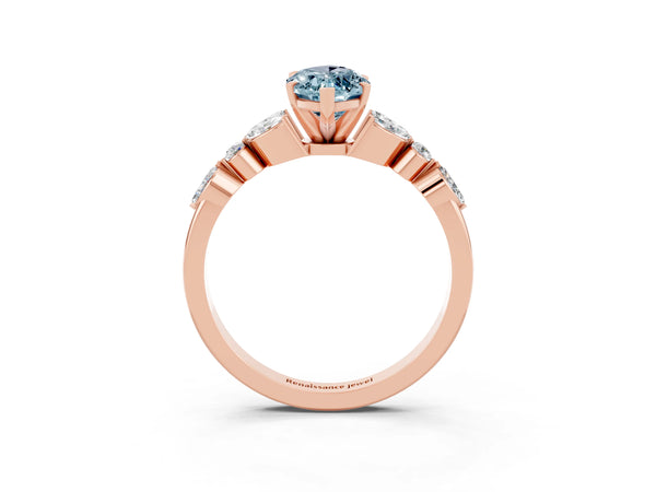 Rose gold Marquise Cut Aquamarine Solitaire Ring with Side Stones and Four-Prong Setting