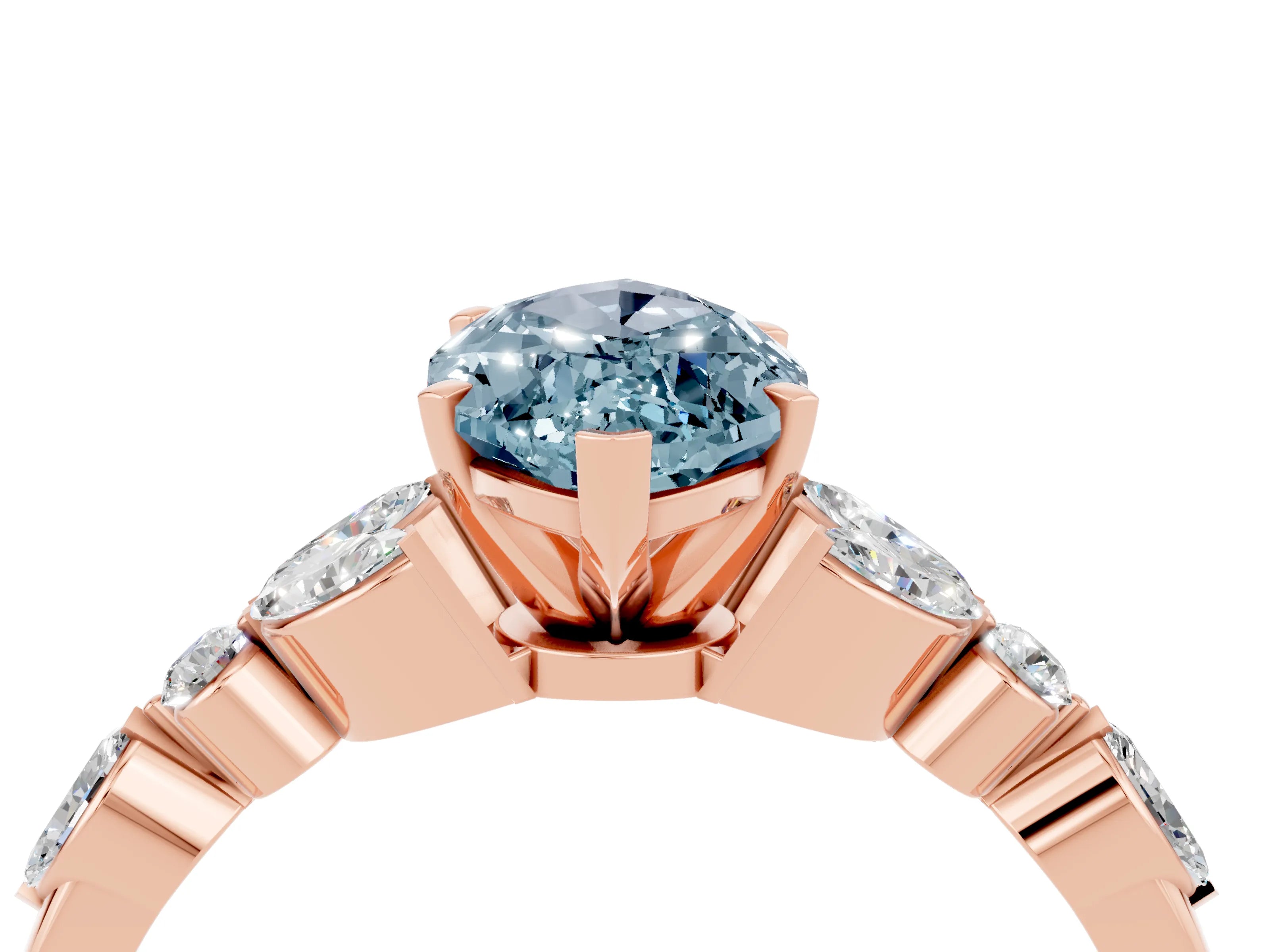 Rose gold Marquise Cut Aquamarine Solitaire Ring with Side Stones and Four-Prong Setting_16