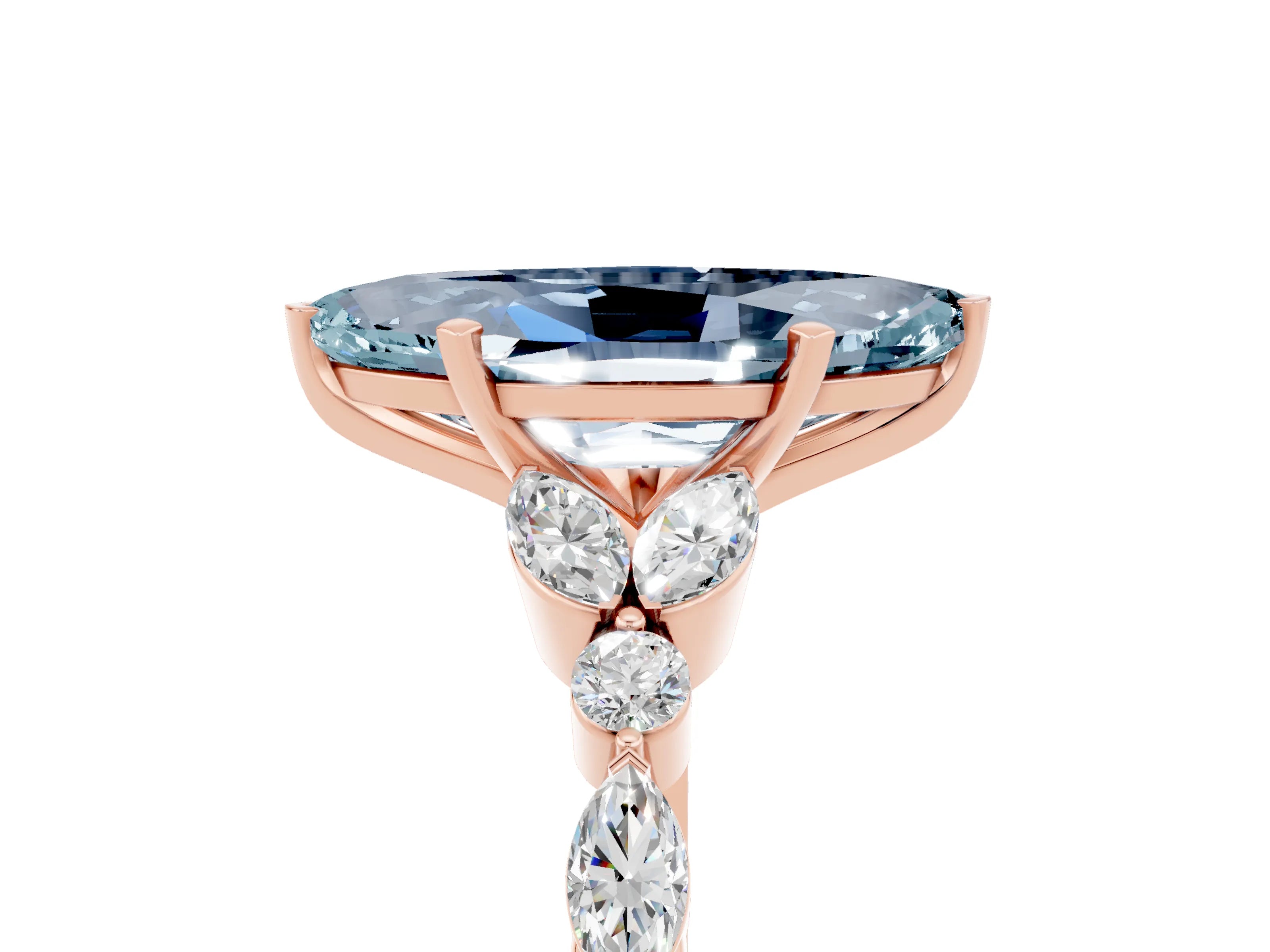 Rose gold Marquise Cut Aquamarine Solitaire Ring with Side Stones and Four-Prong Setting_17