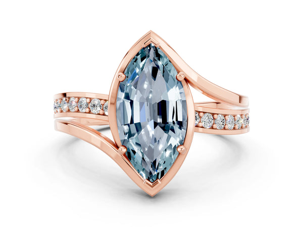 Rose gold Marquise Cut Aquamarine Solitaire Ring with Split Shank and Prong Setting
