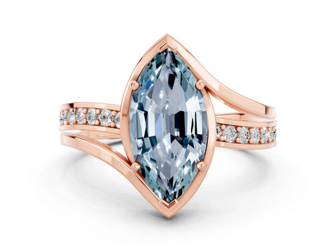 Rose gold Marquise Cut Aquamarine Solitaire Ring with Split Shank and Prong Setting
