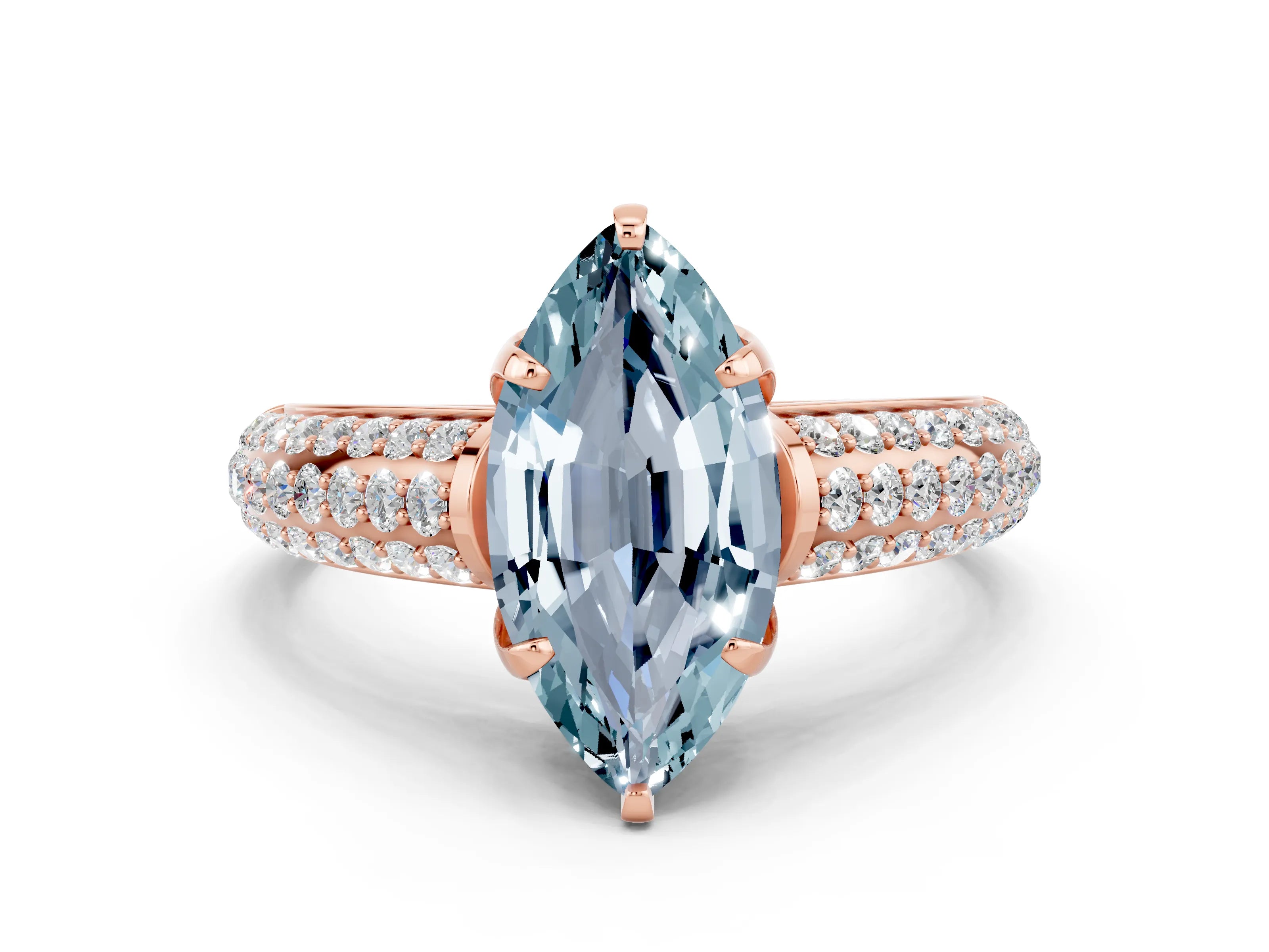 Rose gold Marquise Cut Aquamarine Solitaire Ring with Three-Row Pavé Band and Four-Prong Setting_12