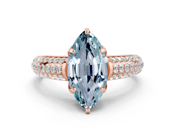 Rose gold Marquise Cut Aquamarine Solitaire Ring with Three-Row Pavé Band and Four-Prong Setting
