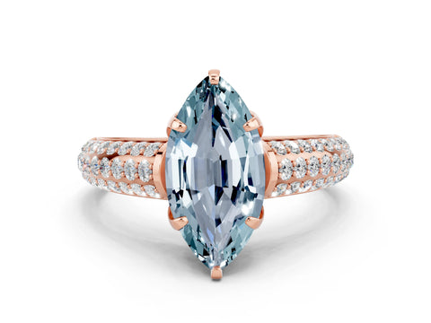 Rose gold Marquise Cut Aquamarine Solitaire Ring with Three-Row Pavé Band and Four-Prong Setting_12