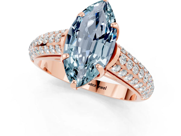 Rose gold Marquise Cut Aquamarine Solitaire Ring with Three-Row Pavé Band and Four-Prong Setting